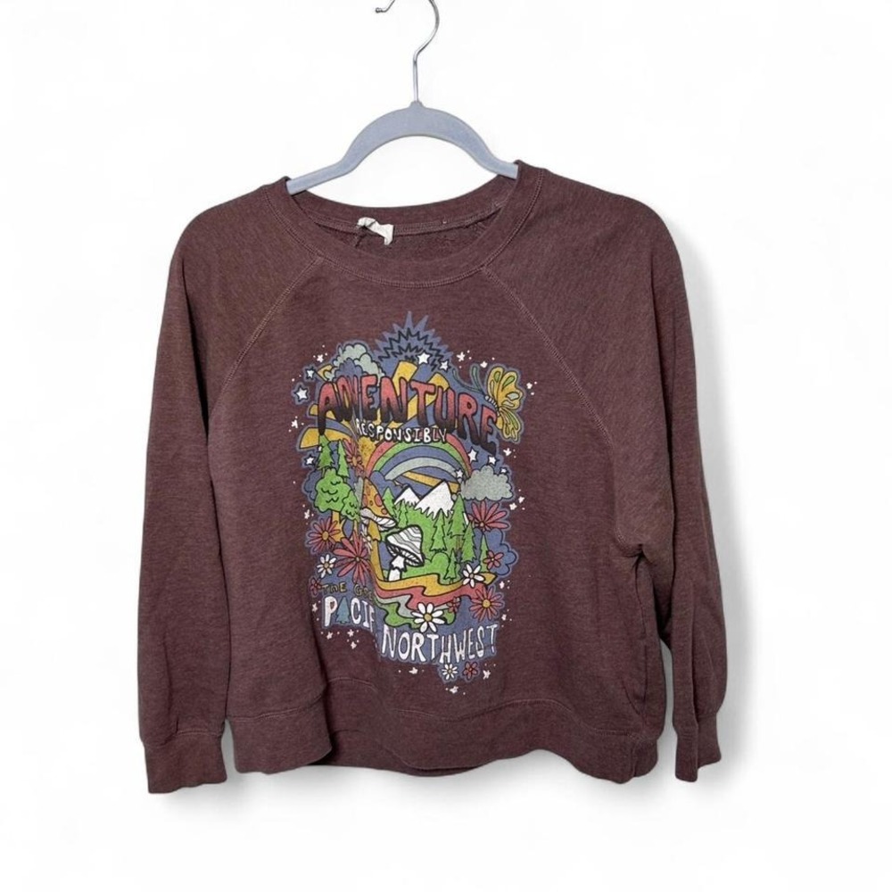 Altar'd State sweatshirt graphic print with a mushroom, trees, Pacific Northwest